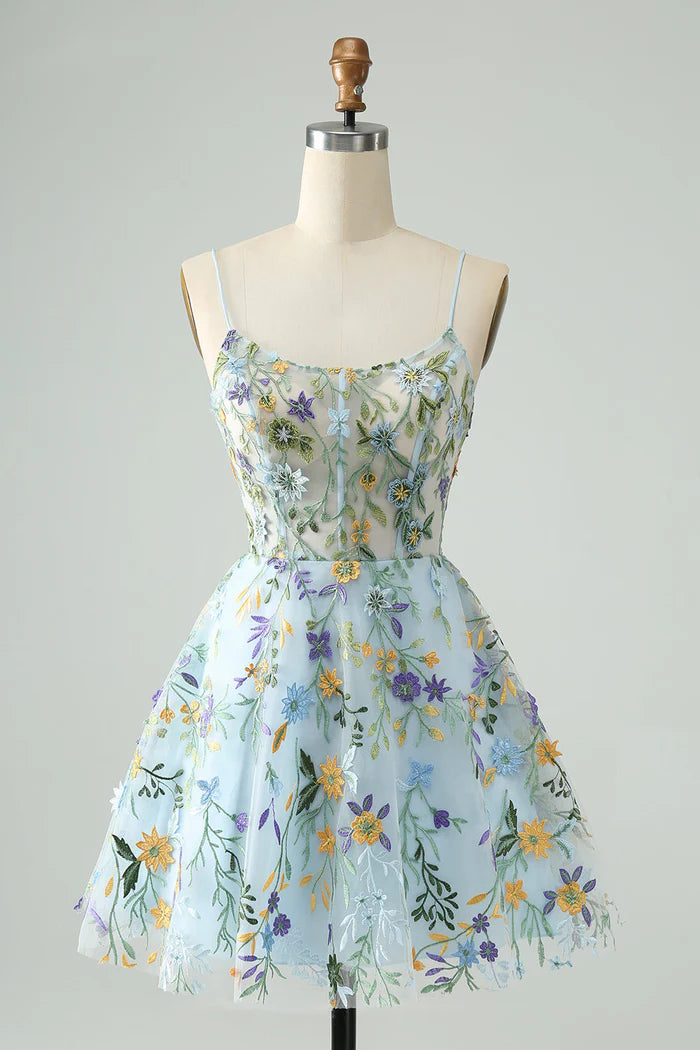 Weitese Dress Elegant Blue Flower A Line Corset Short Homecoming Dress Embroidery Party Dress